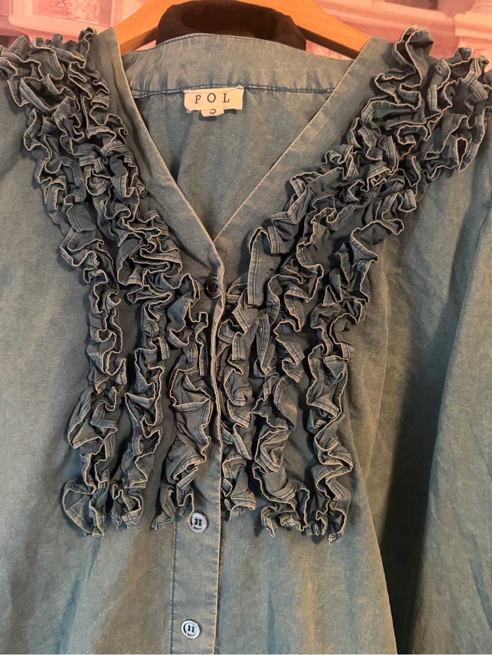 POL Teal Ruffled Button-Down Blouse - Picture 2 of 4